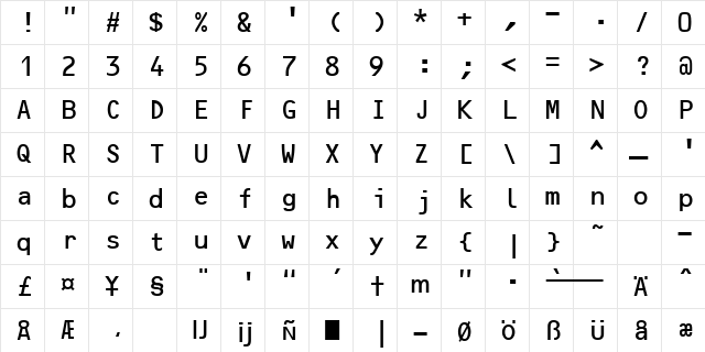 OCRB Regular  glyph index