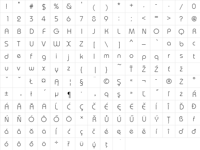 BauhausItcTEELig Regular  glyph index