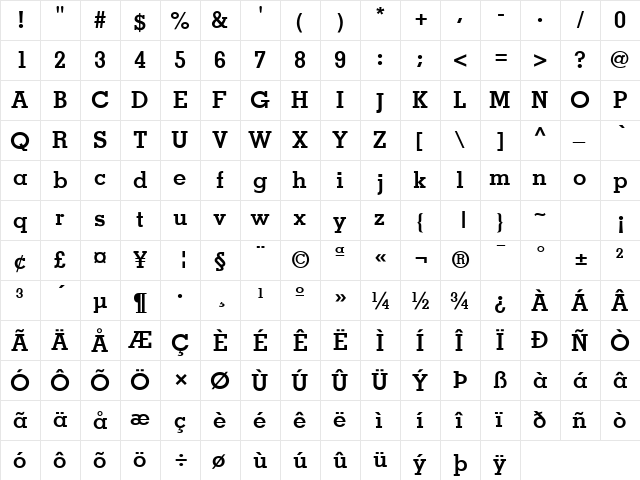 Louisville BOLD  glyph index