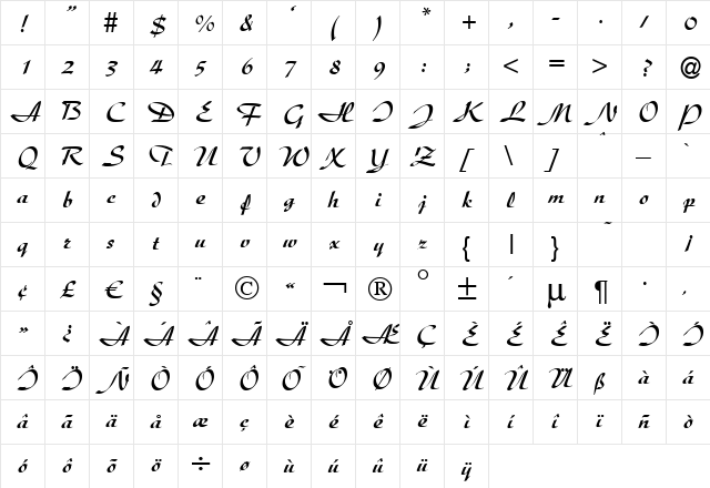 D730-Script Regular  glyph index