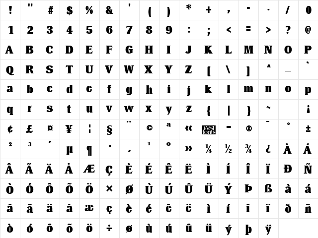 Dressel Black Regular  glyph index