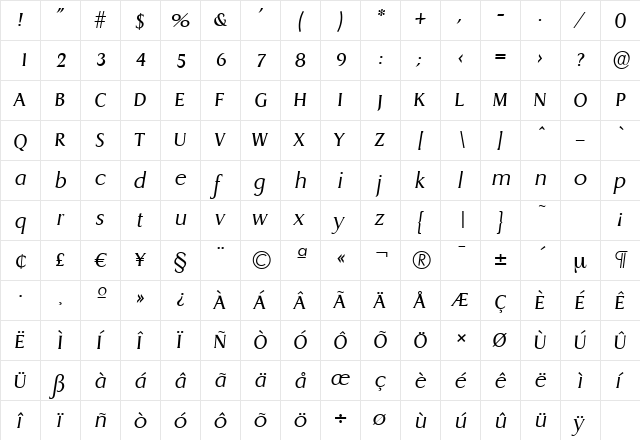 DragonSerial-Light Italic  glyph index