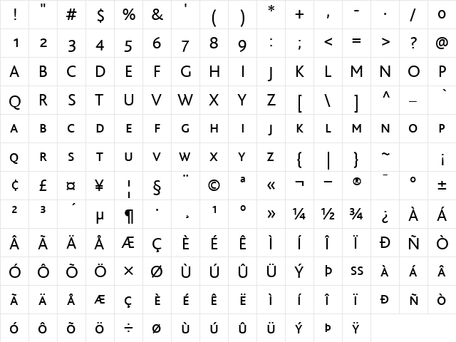 BlissCapsRegular Regular  glyph index