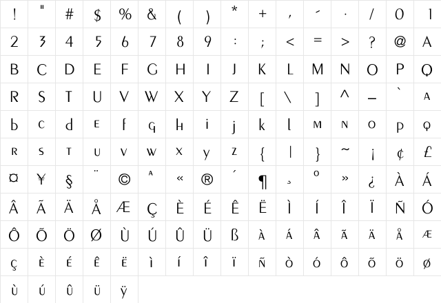 Crossley-Light Regular  glyph index