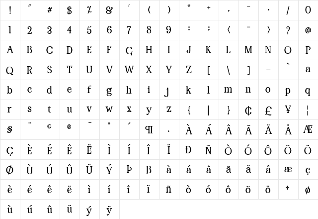 Renda Regular  glyph index