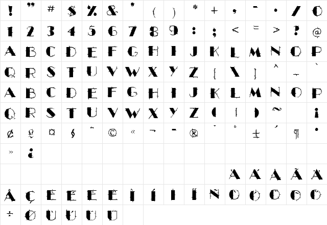 GLitzyBarbed Regular  glyph index