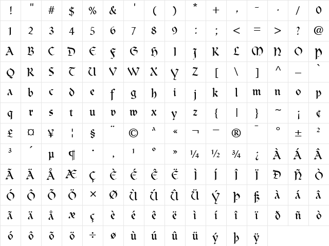 Clairvaux Roman  glyph index