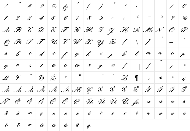 KunstlerBold Regular  glyph index