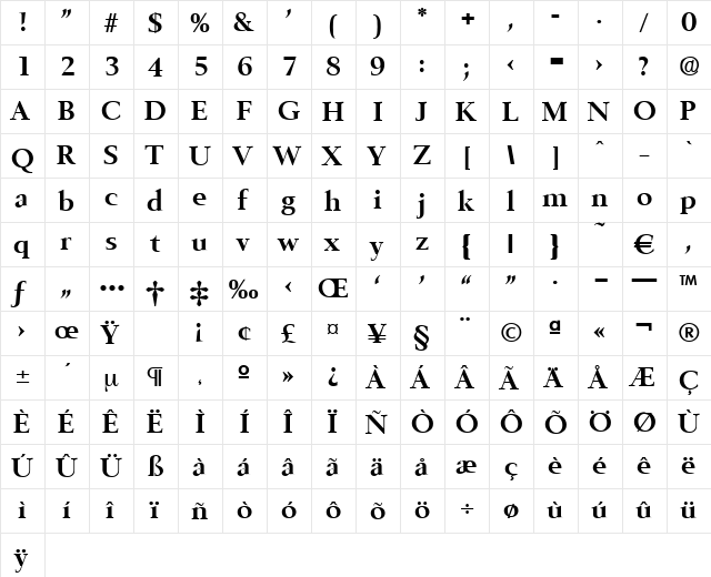 Belfast-Bold Regular  glyph index