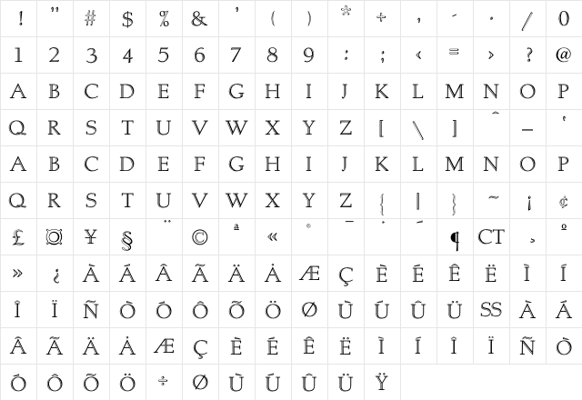 Albertan Inline  glyph index