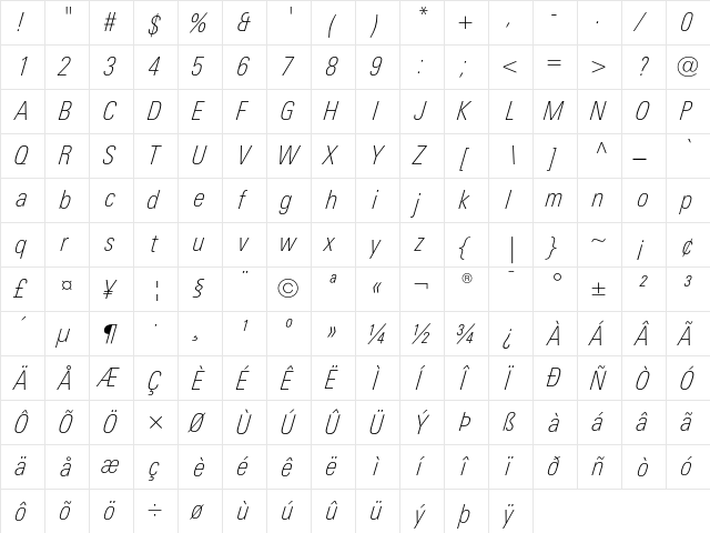 LinotypeUnivers CondThinItalic  glyph index