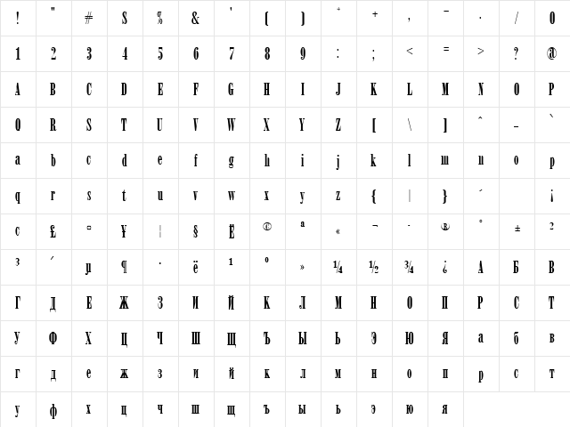 Arsis Regular  glyph index