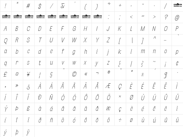 Stinger Slim Trial Thin Italic  glyph index