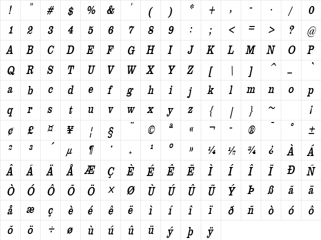 Clare-Condensed Italic  glyph index