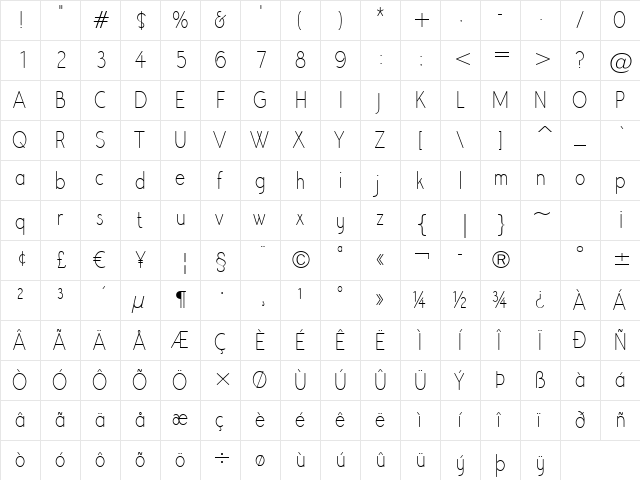 Register Sans BTN CnLt Regular  glyph index