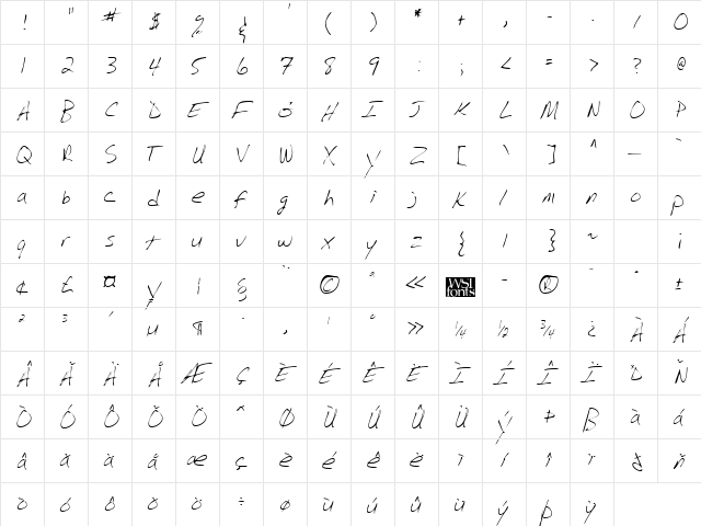 BarrysHand Regular  glyph index