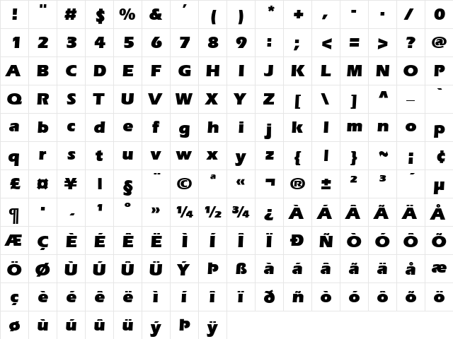 EerieBlack Bold Regular  glyph index