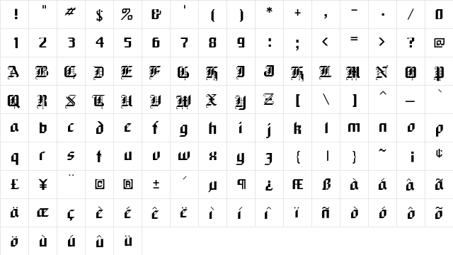 BlackForest Regular  glyph index