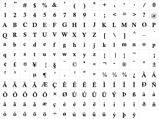 Calisto MT Std Bold  glyph index