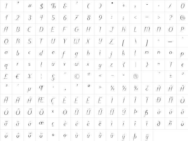 Puritas LT Light Italic  glyph index