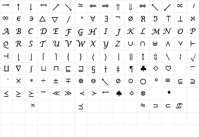 MachadoMathSymbolSSK Regular  glyph index