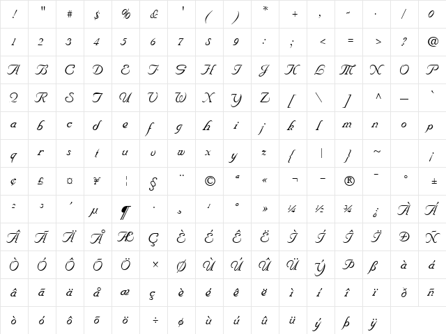 Nuncio Regular  glyph index