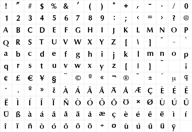 ColumbiaSerial Bold  glyph index