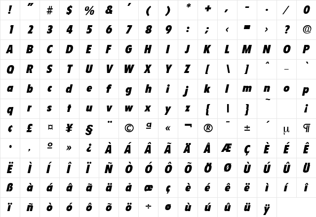 Florida-Serial-Heavy RegularItalic  glyph index