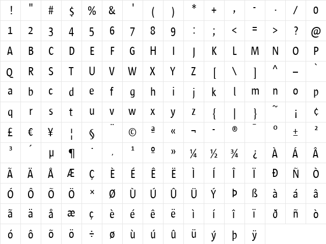 Sun Sans Condensed- SunSansCondensed Regular  glyph index