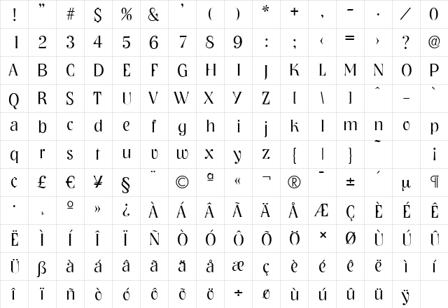 NashvilleSerial-Light Regular  glyph index