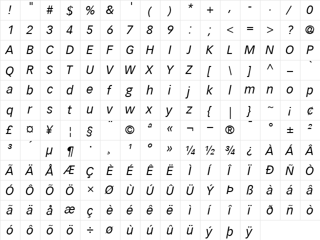 VectoraLH56 RomanItalic  glyph index