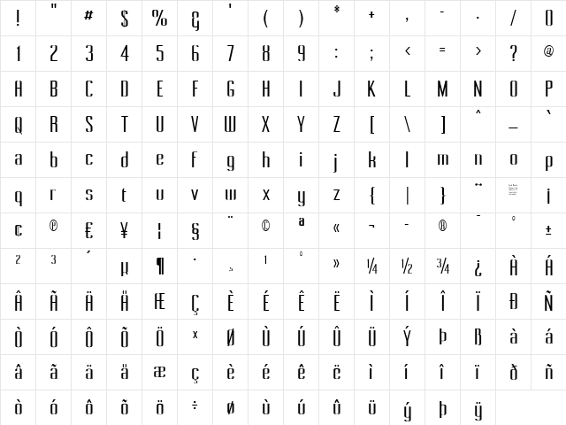 Pecot Regular  glyph index