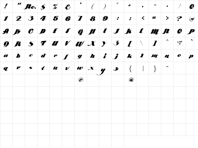 LHF Poster Script Regular  glyph index