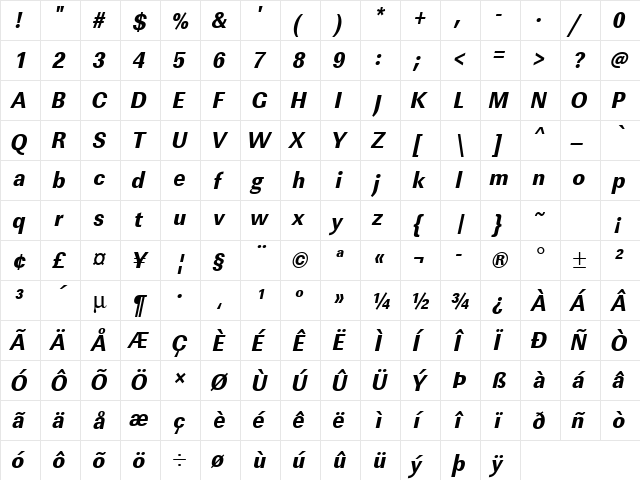 URWLinearTExtBolExtNar Oblique  glyph index