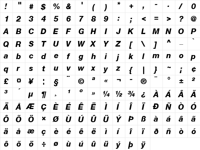 Helvetica 65 Medium Bold Italic  glyph index