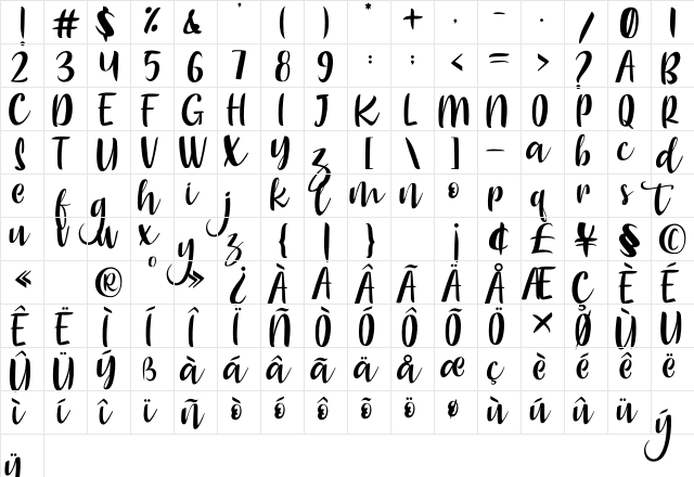 Charlotte Smoothy Regular  glyph index