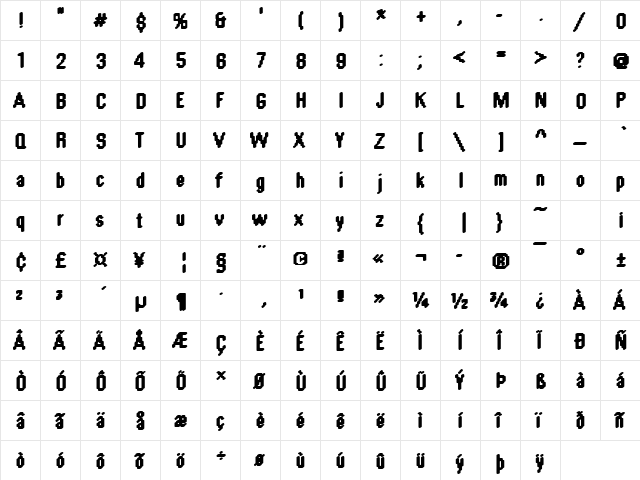 Rough59 Becker Regular  glyph index