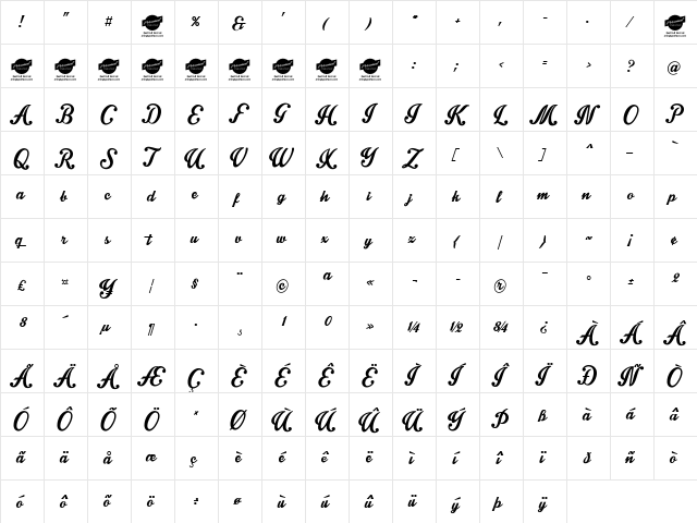 Intrique Script Personal Use Regular  glyph index