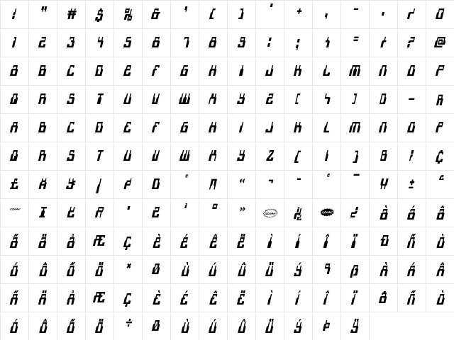 1968 Odyssey Condensed Italic Condensed Italic  glyph index