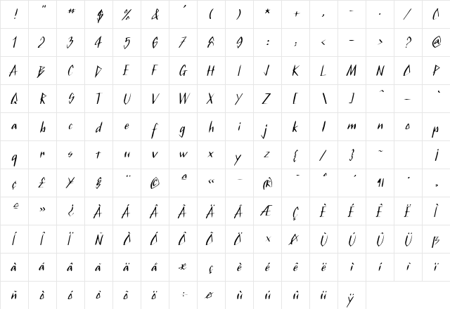 KurtzExtended Italic  glyph index