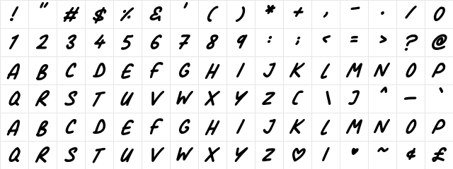 Comic Marker Deluxe Italic  glyph index