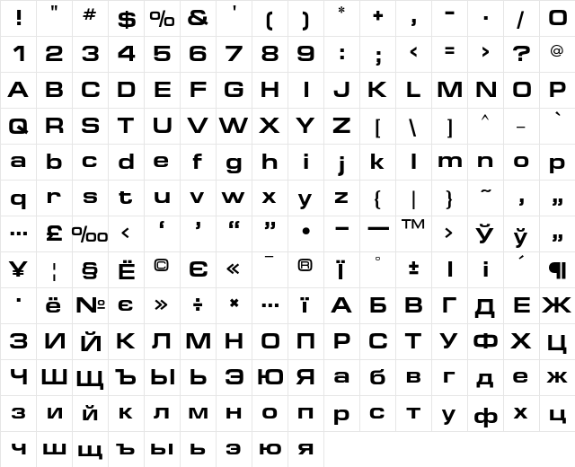 EuropeExt Bold  glyph index