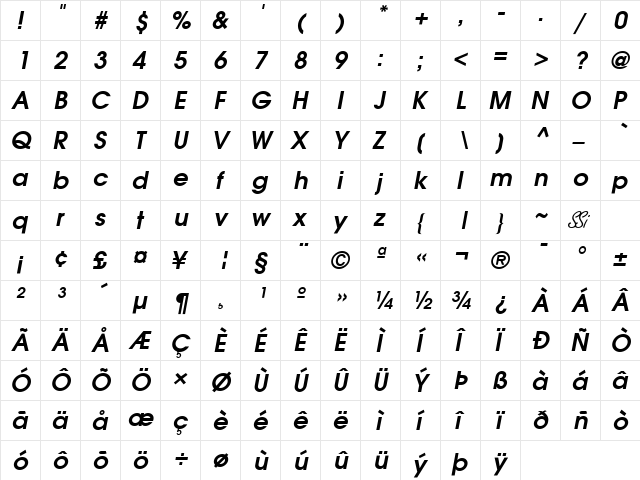 Trendex SSi Semi Bold Italic  glyph index