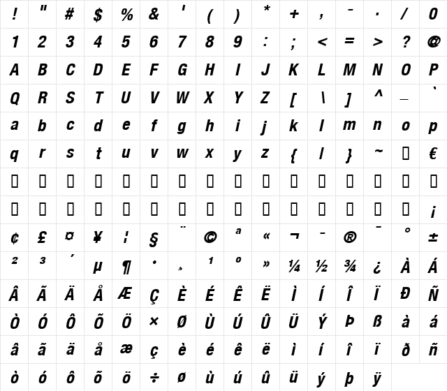 HelveticaNeue LT 57 Cn BoldOblique  glyph index