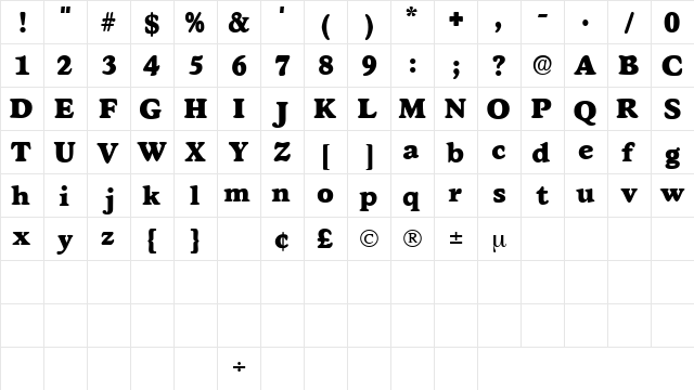 GrafeDisplaySSK Regular  glyph index