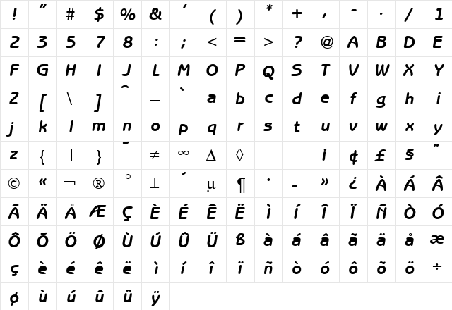 BenjaminSans BoldItalic  glyph index