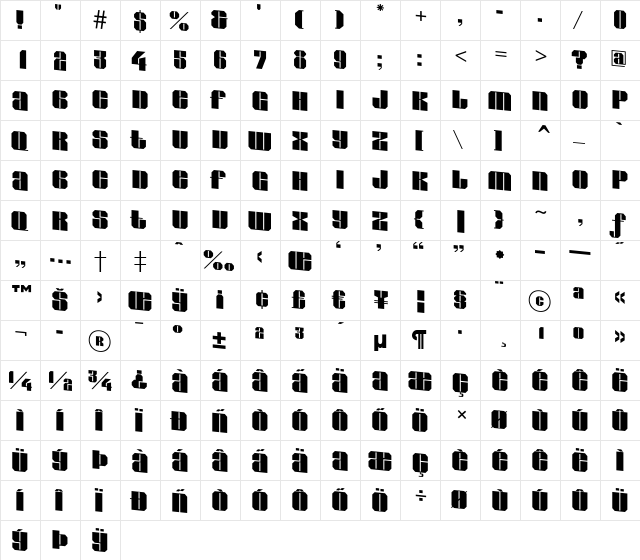 a_GladeDn Regular  glyph index