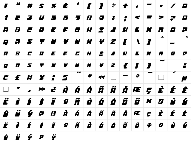 Utonium Bold Italic  glyph index
