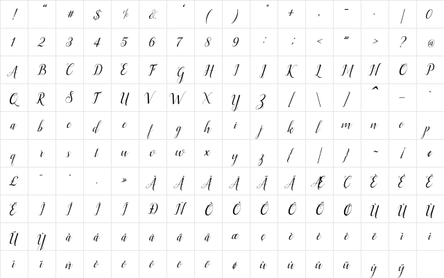 Ellizabeth Regular  glyph index