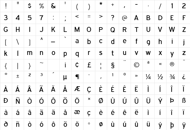 Expressway Free Regular  glyph index